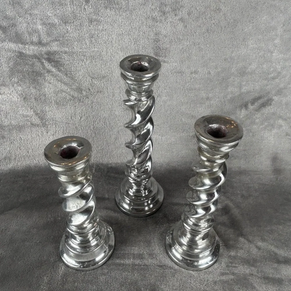 Vintage Silver Barley Twist Candlestick Holders Set of 3 Spiral Taper Pillars